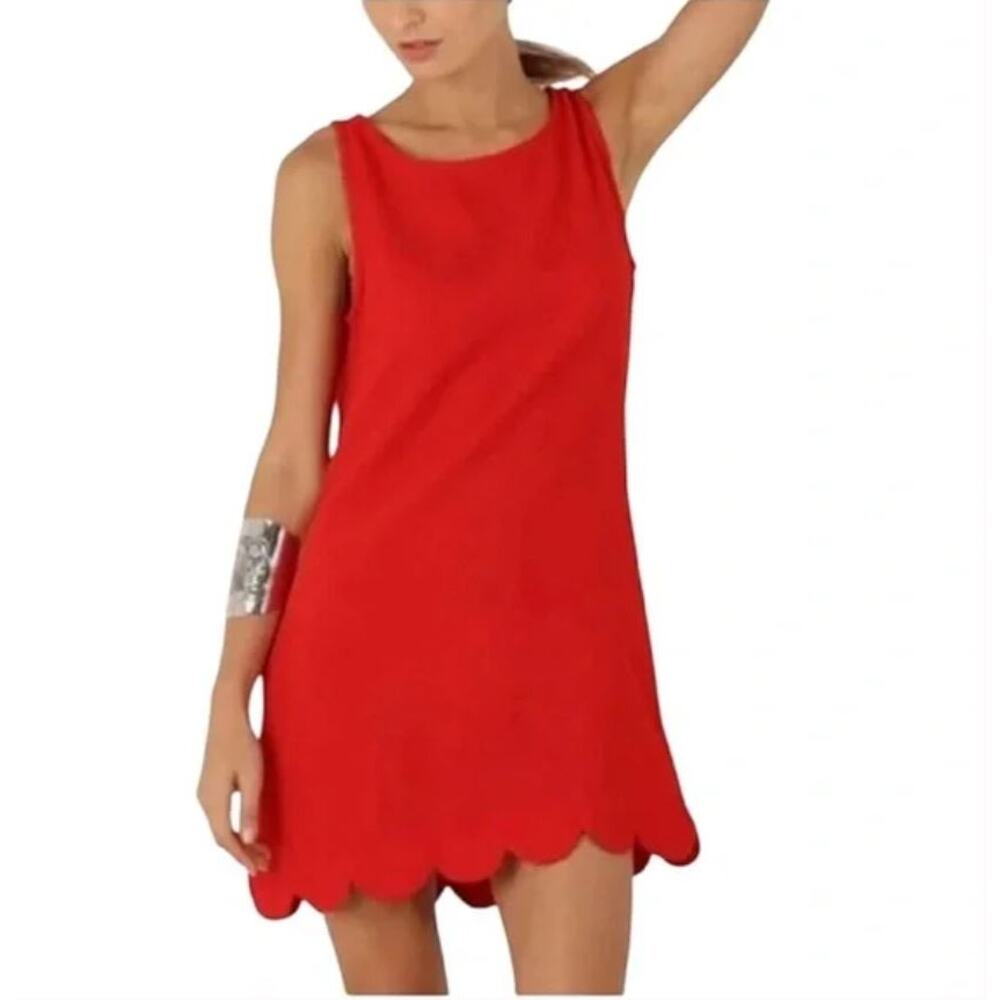 Kate Spade Women's L Cottonโ Blend Red Short Scalloped Hem Sleeveless Dress NWT